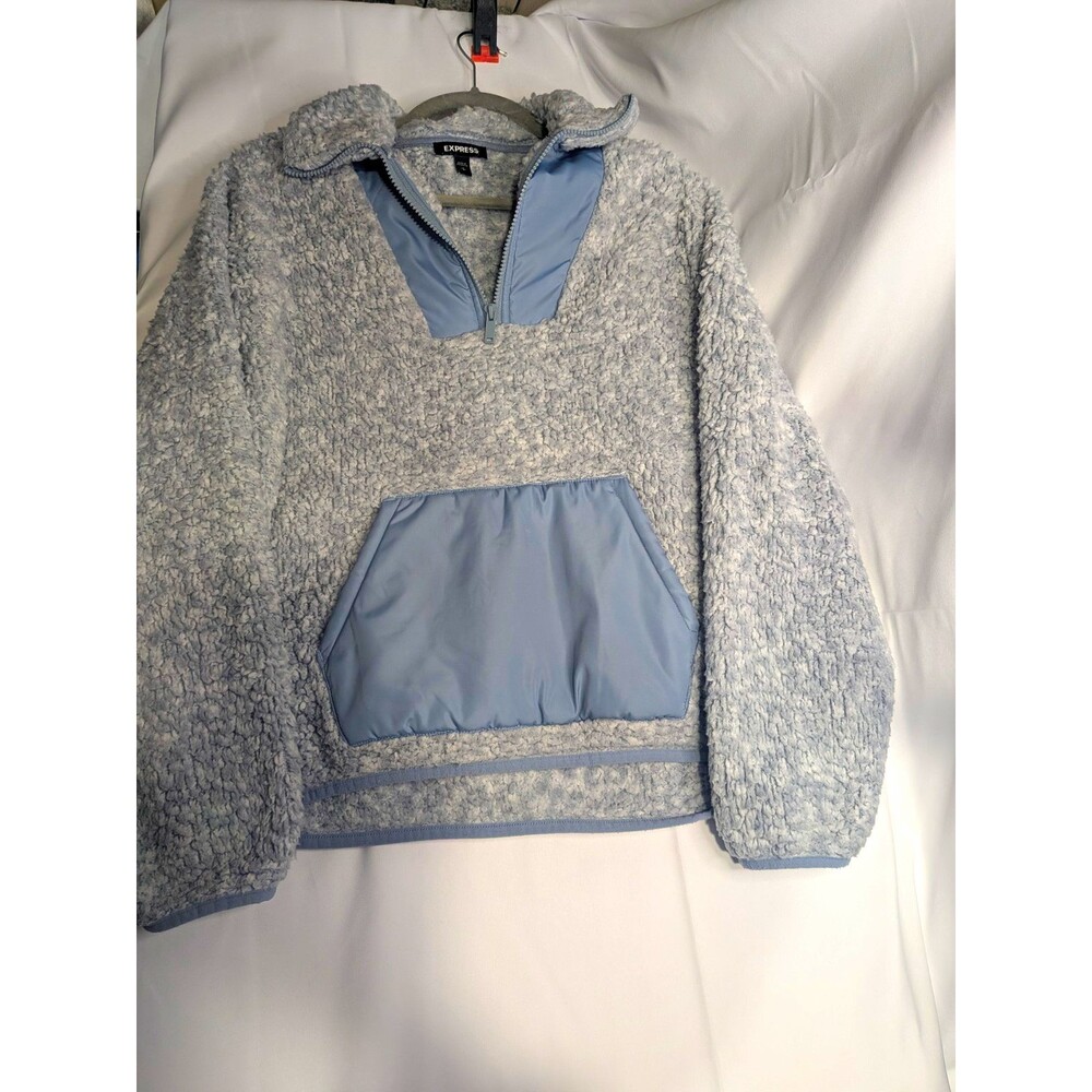 Express Women’s Sherpa 1/2 Zip Pullover Hoodie Kangaroo Pocket Blue Gray S